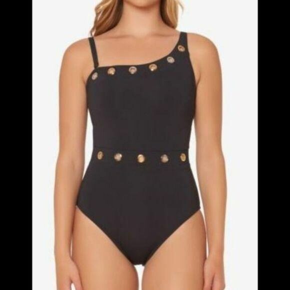 NWT Bleu Rod Beattie Hole In One Grommet One Shoulder One-Piece Swimsuit Black - Picture 5 of 11